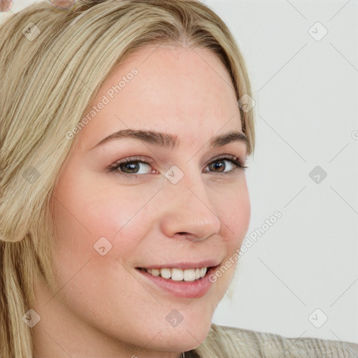 Joyful white young-adult female with long  brown hair and blue eyes