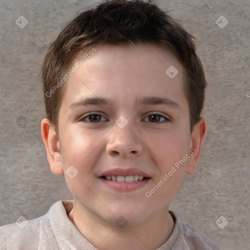 Joyful white child male with short  brown hair and brown eyes