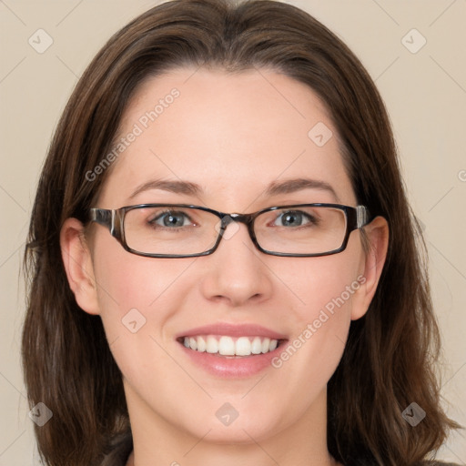 Joyful white young-adult female with medium  brown hair and blue eyes