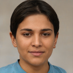 Joyful latino young-adult female with short  brown hair and brown eyes