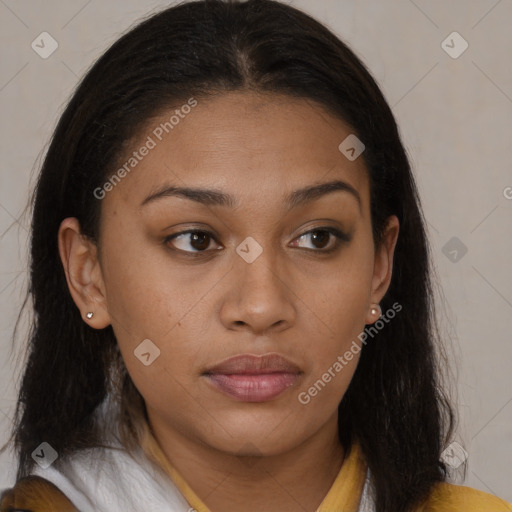 Neutral black young-adult female with medium  brown hair and brown eyes