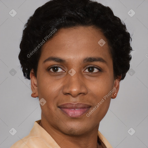 Joyful latino young-adult female with short  black hair and brown eyes
