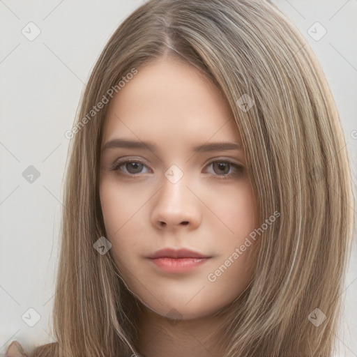 Neutral white young-adult female with long  brown hair and brown eyes