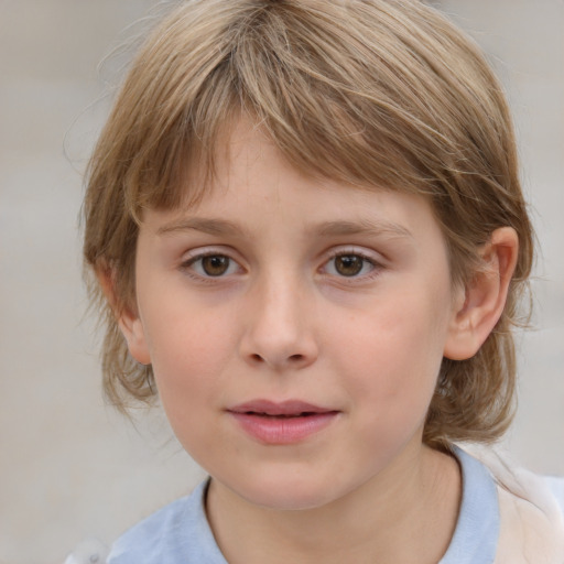 Neutral white child female with medium  brown hair and blue eyes