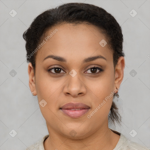 Joyful latino young-adult female with short  brown hair and brown eyes