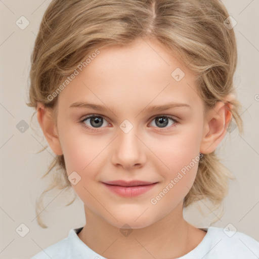 Joyful white child female with medium  brown hair and brown eyes