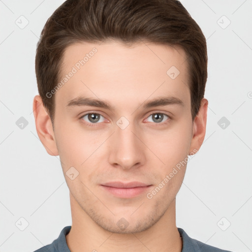 Neutral white young-adult male with short  brown hair and brown eyes