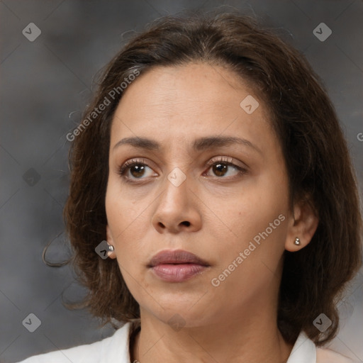 Neutral white young-adult female with medium  brown hair and brown eyes