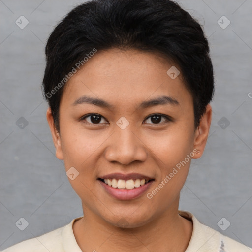 Joyful asian young-adult female with short  brown hair and brown eyes