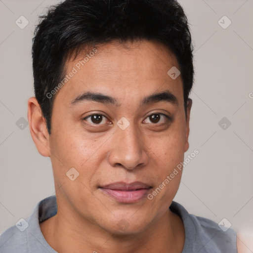 Joyful latino young-adult male with short  brown hair and brown eyes