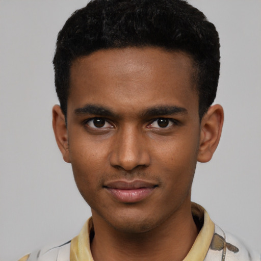 Neutral latino young-adult male with short  black hair and brown eyes