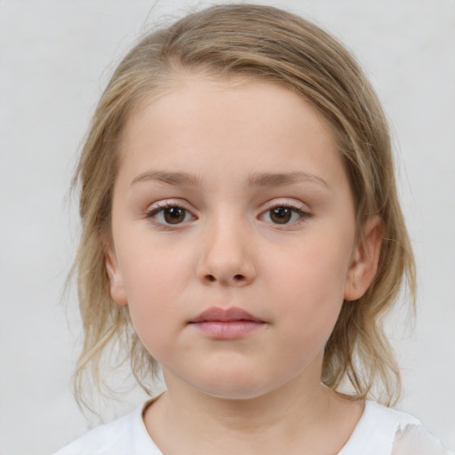 Neutral white child female with medium  brown hair and grey eyes