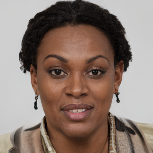 Joyful black young-adult female with short  brown hair and brown eyes
