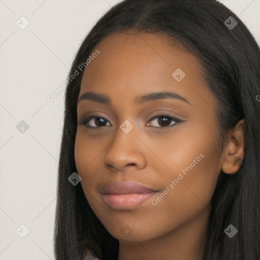 Joyful latino young-adult female with long  black hair and brown eyes