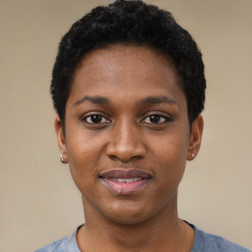 Joyful black young-adult female with short  black hair and brown eyes