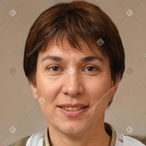 Joyful white adult female with short  brown hair and brown eyes