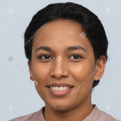 Joyful latino young-adult female with short  black hair and brown eyes