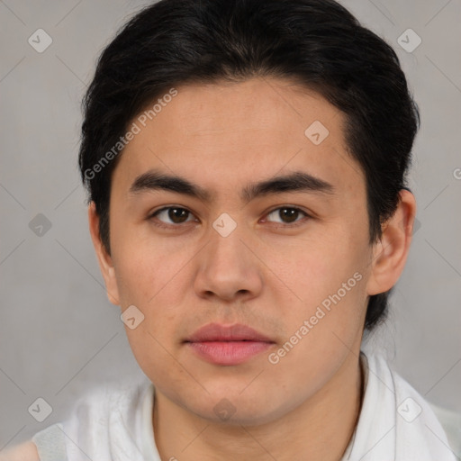 Joyful white young-adult male with medium  brown hair and brown eyes