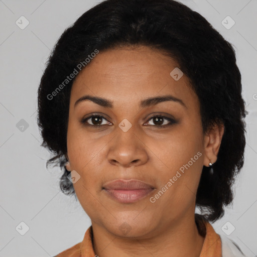 Joyful latino young-adult female with medium  black hair and brown eyes