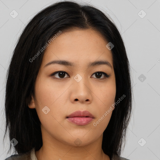 Neutral asian young-adult female with long  black hair and brown eyes