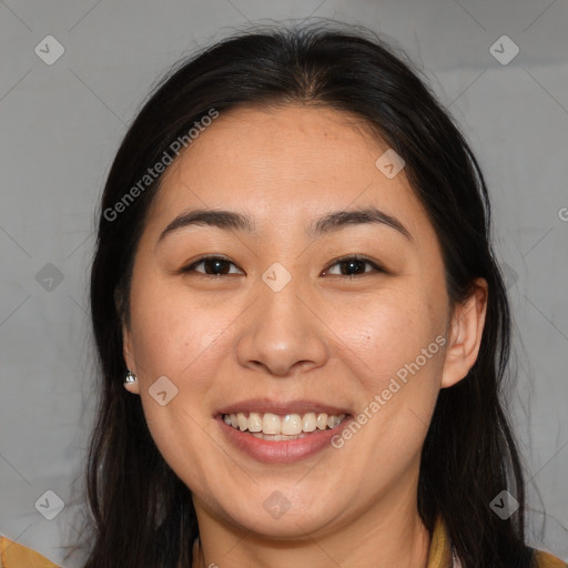 Joyful white young-adult female with medium  brown hair and brown eyes