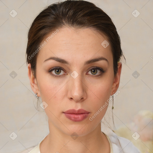 Neutral white young-adult female with medium  brown hair and brown eyes