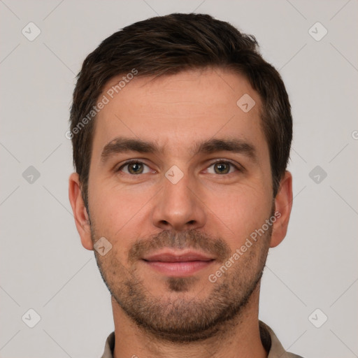 Neutral white young-adult male with short  brown hair and brown eyes