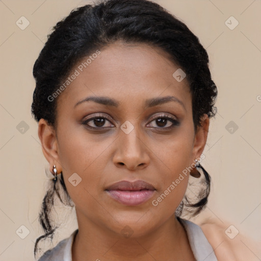 Joyful latino young-adult female with long  brown hair and brown eyes