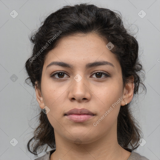 Neutral white young-adult female with medium  brown hair and brown eyes