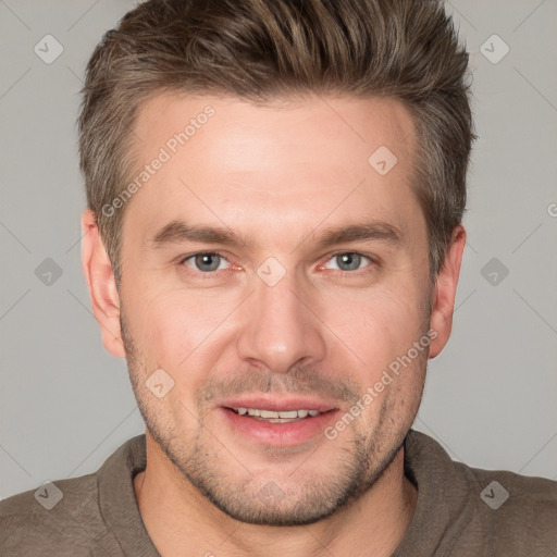 Joyful white adult male with short  brown hair and brown eyes