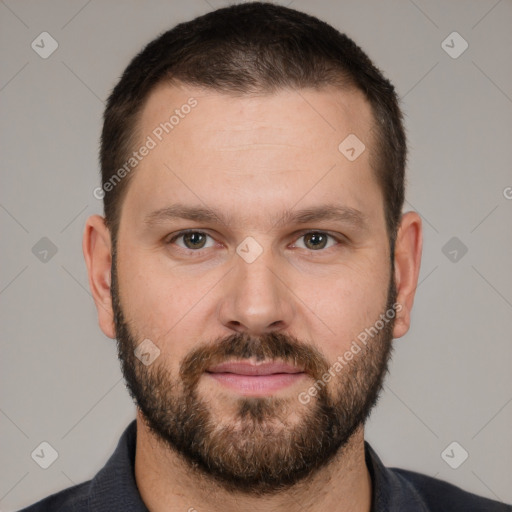 Neutral white young-adult male with short  brown hair and brown eyes