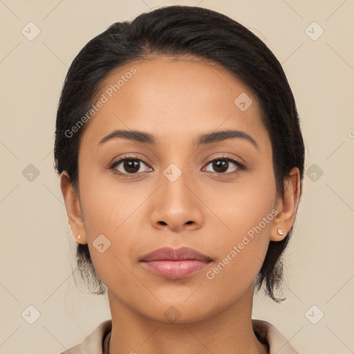 Neutral latino young-adult female with medium  black hair and brown eyes