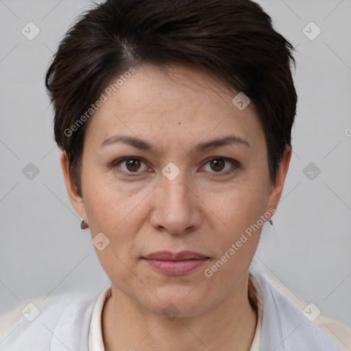 Joyful white adult female with short  brown hair and brown eyes