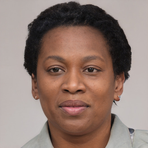 Joyful black adult female with short  black hair and brown eyes