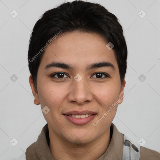 Joyful asian young-adult female with short  brown hair and brown eyes