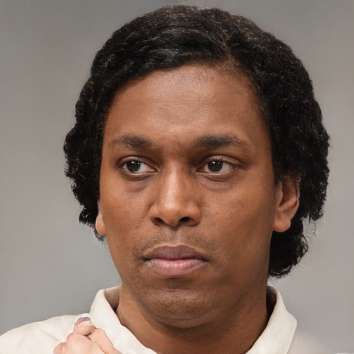 Neutral latino adult male with short  black hair and brown eyes
