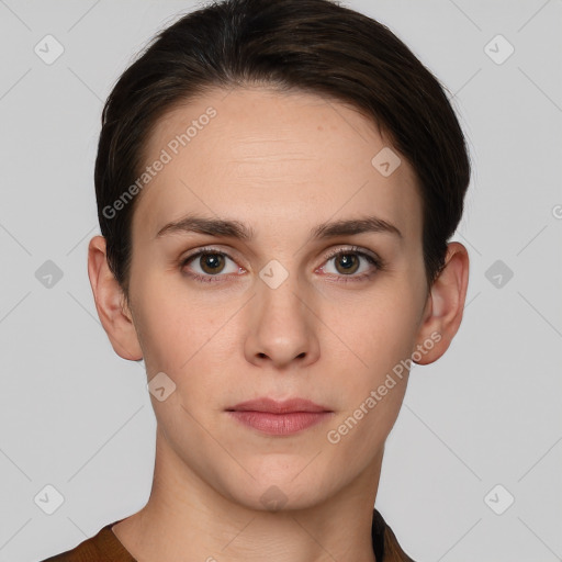 Neutral white young-adult female with short  brown hair and brown eyes