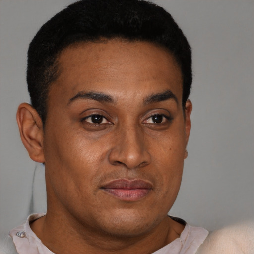 Joyful black young-adult male with short  brown hair and brown eyes