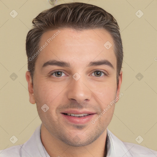 Joyful white young-adult male with short  brown hair and brown eyes