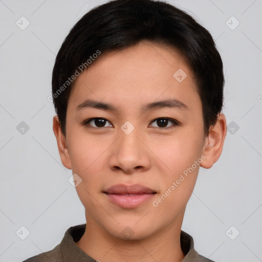 Neutral asian young-adult female with short  black hair and brown eyes