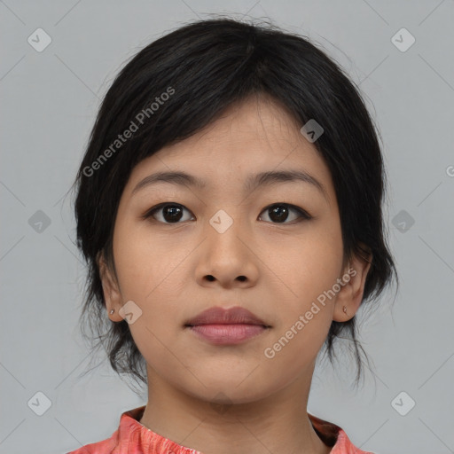 Neutral asian young-adult female with medium  black hair and brown eyes