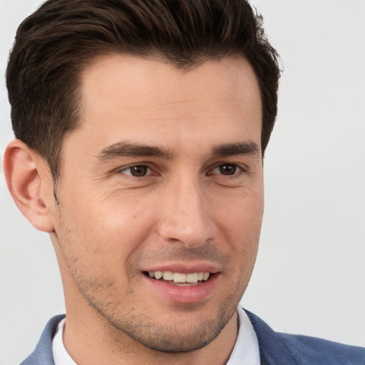 Joyful white young-adult male with short  brown hair and brown eyes