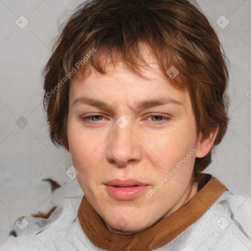 Joyful white young-adult female with medium  brown hair and blue eyes