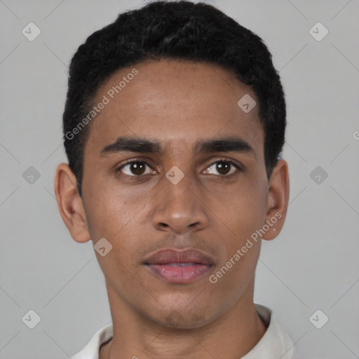 Neutral black young-adult male with short  black hair and brown eyes