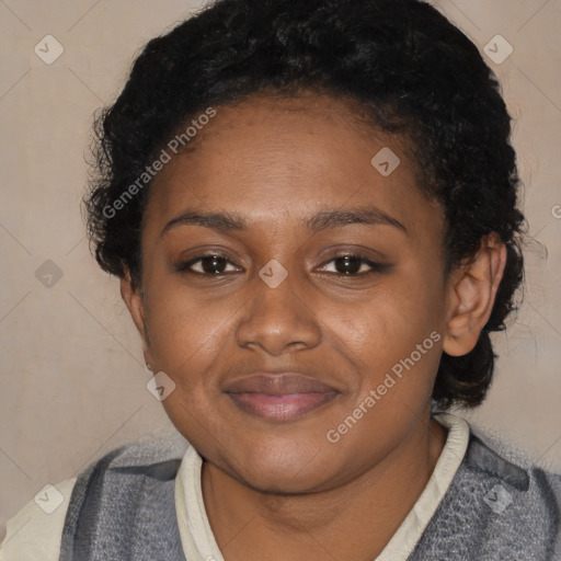 Joyful latino young-adult female with short  black hair and brown eyes