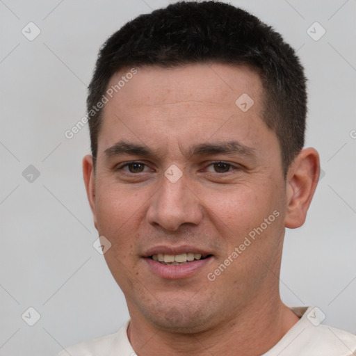 Joyful white young-adult male with short  brown hair and brown eyes