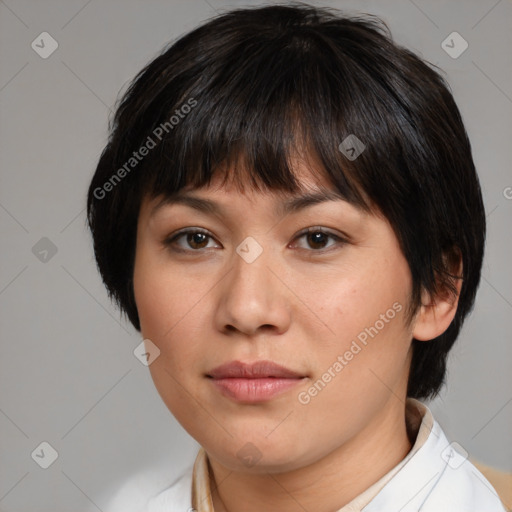 Neutral white young-adult female with medium  brown hair and brown eyes