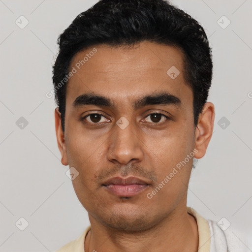 Neutral latino young-adult male with short  black hair and brown eyes