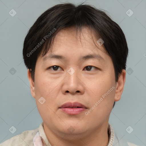 Joyful asian adult female with short  brown hair and brown eyes