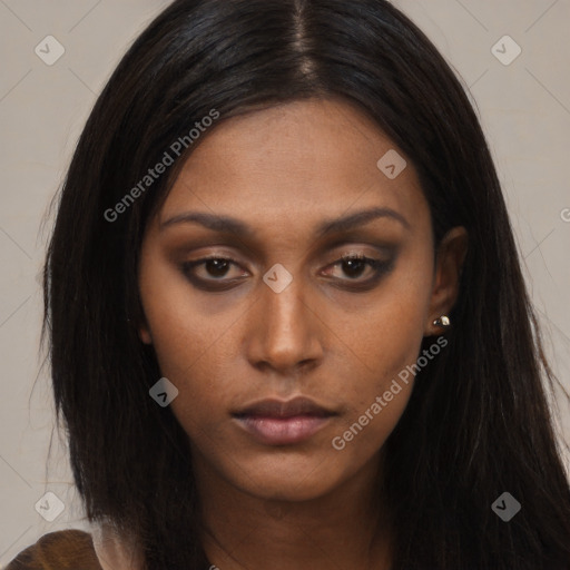 Neutral asian young-adult female with long  brown hair and brown eyes